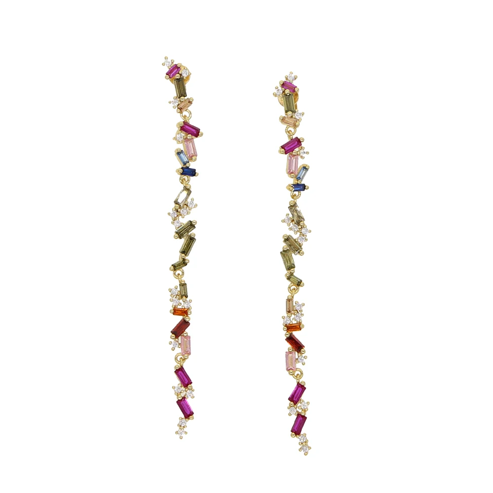 

colorful pastel baguette round cz luxury fashion Gold filled long tassel drop earring