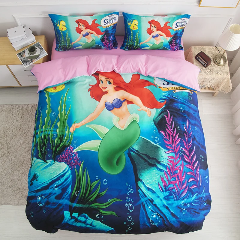 Disney Green Mermaid Ariel Sanding Summer Bedding Set Children Women Duvet Cover Flatsheet Pillowcases Twin Queen Size