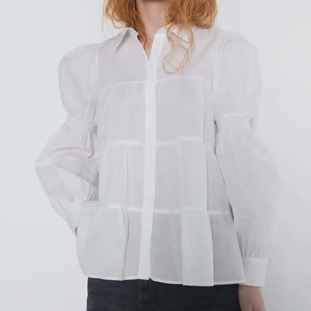 

Office White Pleated Blouse Women Patchework Puff Sleeve Cotton Casual Tops And Blouses For Ladies