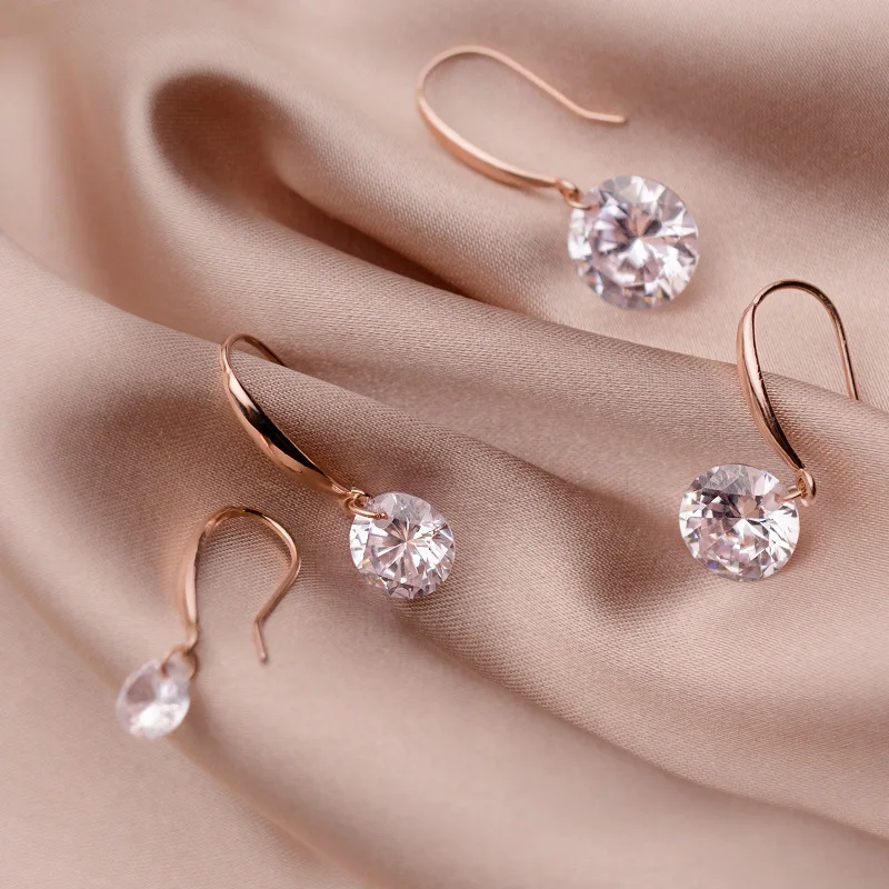 

Fashion 925 Sterling Silver Round Cubic Zircon Stone Pendant Rose Gold Color Statement CZ Wedding Dangle Drop Earrings for Women