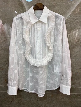 

2020 Spring and Summer New Women's Lapel Wooden Ear Stitching Embroidered Decorative Long-Sleeved All-match Shirt 630