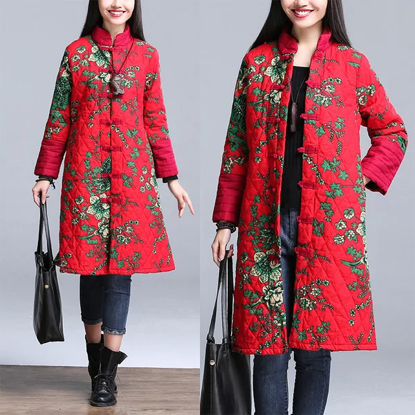 

8111 Photo Shoot Autumn And Winter New Style Ethnic-Style Stand Collar Frog X-long Thin Cotton Overcoat Cotton Linen Thin Cotton