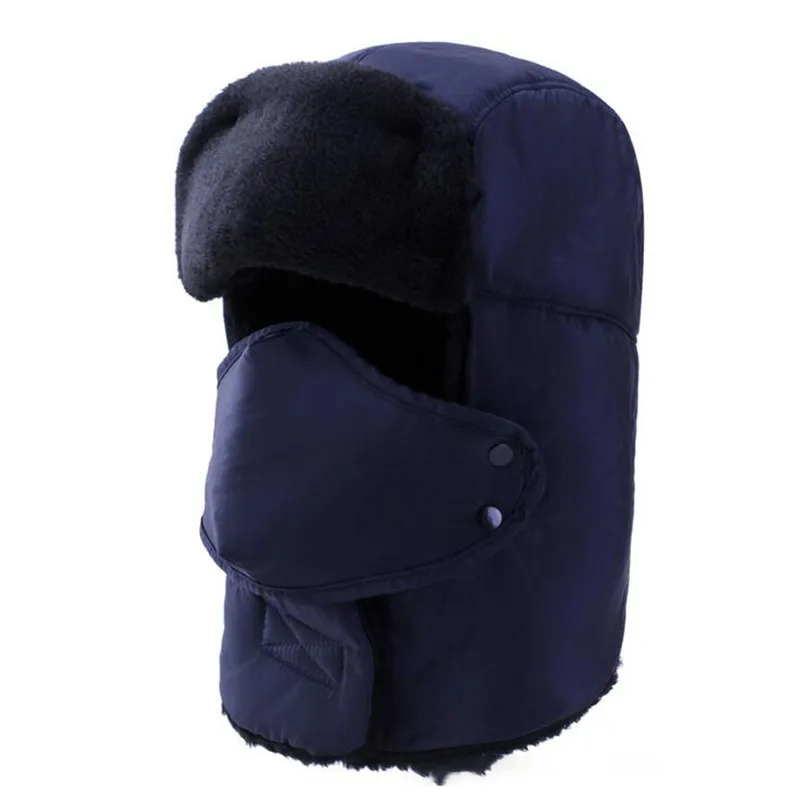 navy blue Мужская зимняя теплая шапка-ушанка, Мужская однотонная хлопковая плюшевая утолщенная шапка Leifeng, зимние шапки, уличная теплая шапка с ушками, осенние шапки-бомберы - Цвет: navy blue