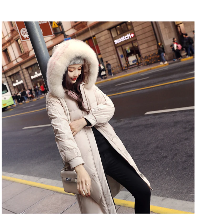 Fashion Long Sleeve Mid-length down Jacket Winter Hooded Zipper Hooded Casual