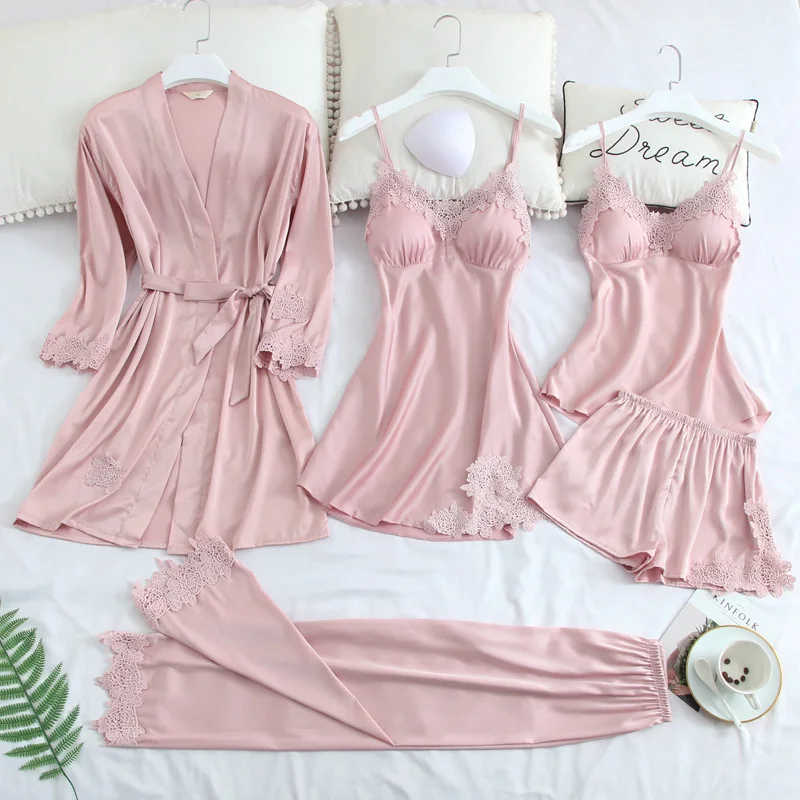 pink A Темно-Синие пижамы для женщин, Сексуальная кружевная отделка, ночное белье, атласные пижамы с шортами, 5 шт., пижамы, костюмы, повседневная домашняя одежда - Цвет: pink A
