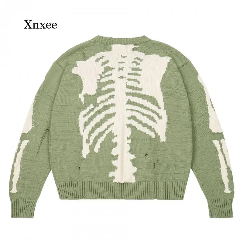 

Mens Hip hop Sweater Skeleton Bone Printing Oversized Woman High Quality Streetwear Damage Hole Vintage Punk Knitted Pullover