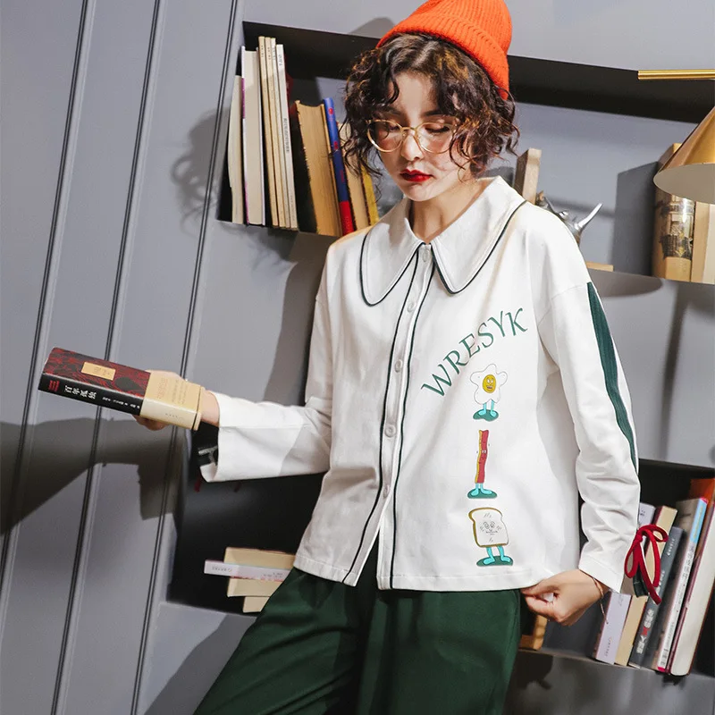 

Hipster Large Lapel Loose-Fit Pajamas Women's Spring New Style Artistic Pure Cotton Women's Casual Homewear Set