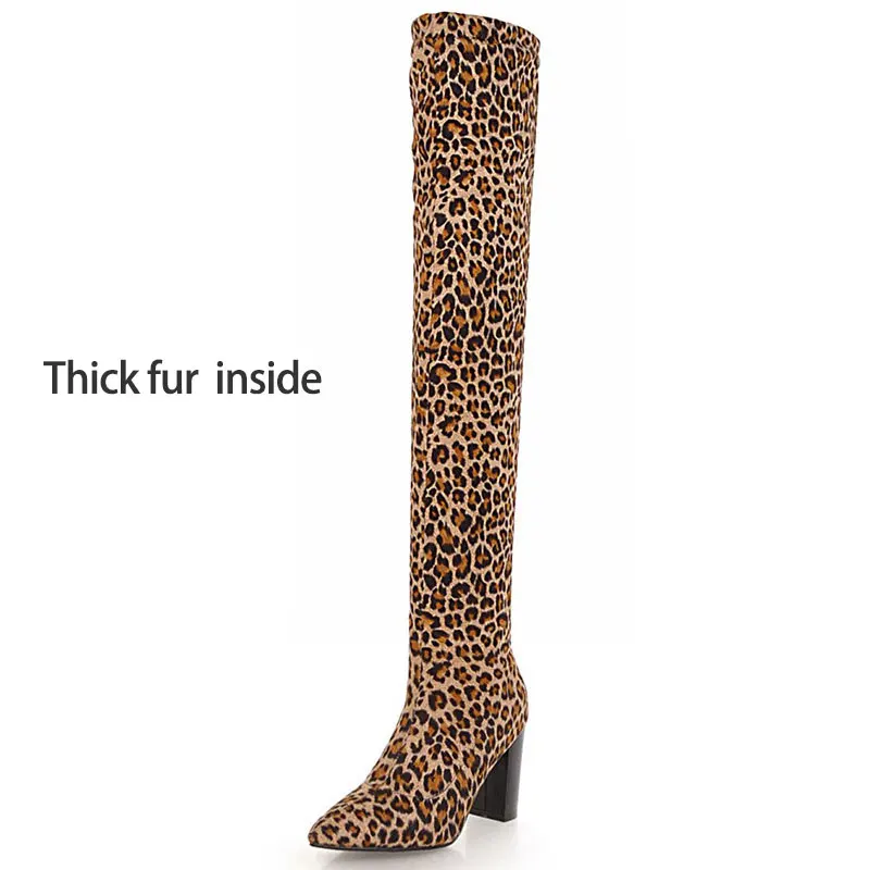 Plus Fur Leopard Lsewilly Зимние Сапоги выше колена в западном стиле; женские осенние сапоги с острым носком на высоком квадратном каблуке; пикантные сапоги с леопардовым принтом - Цвет: Plus Fur Leopard