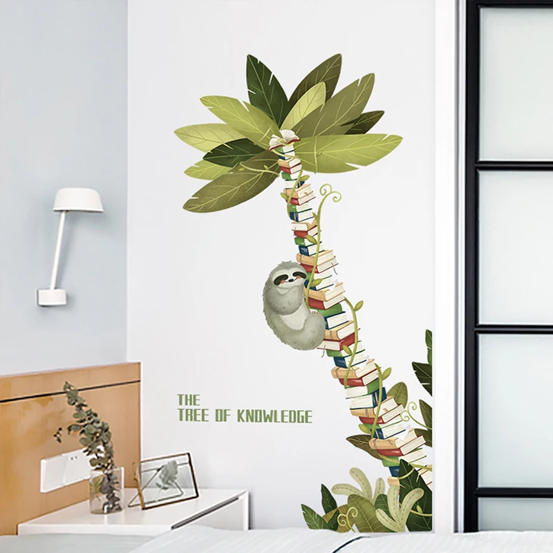 Creative Sloth And Books Tree Wall Stickers Library Decal Children's Room Decor Study Classroom Decoration Nursery Vinyl Posters
