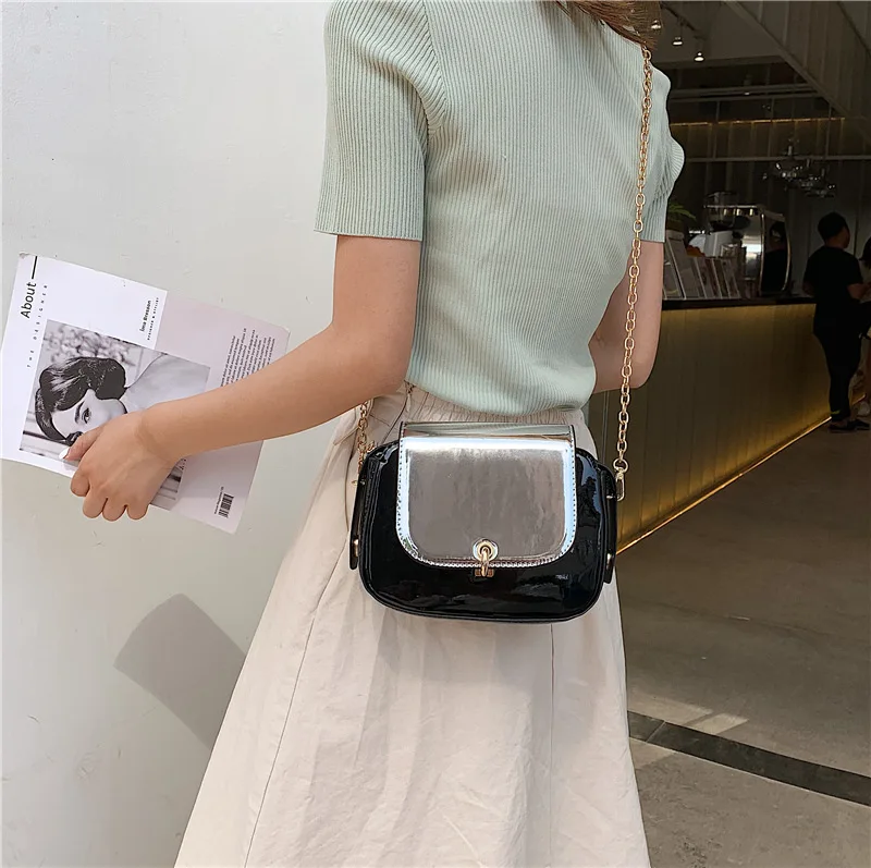 

2019 New Style Fashion Bright Surface Patent Leather PU Handbag Shoulder Bag Shoulder Bag Bag Simple Chain Square Sling Bag Fash