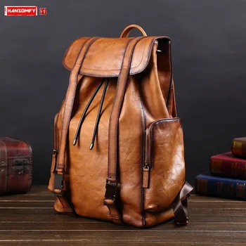 

New Vintage Leather Men Backpacks Cowhide Laptop Bag Full Leather Men's Drawstring Travel Backpack Schoolbag Genuine Leather Big