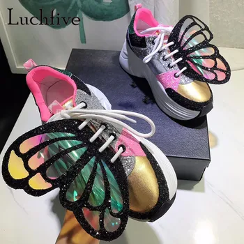 

Lolita Girls Bling bling Glittery Butterfly Wing Sneakers Hot pink gold Genuine Leather Height increasing Platform Shoes Women