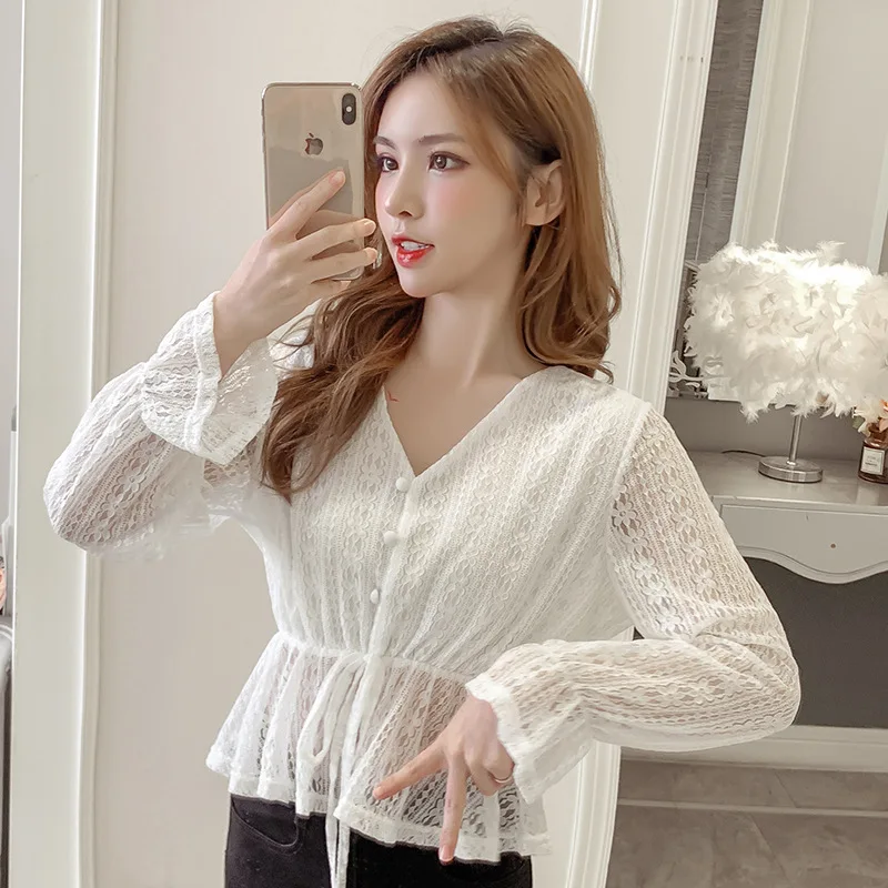 

Lace Base Shirt Women's Autumn And Winter 2019 New Style Korean-style Waist Hugging Slimming V-neck Shirt Versatile Short Long-s