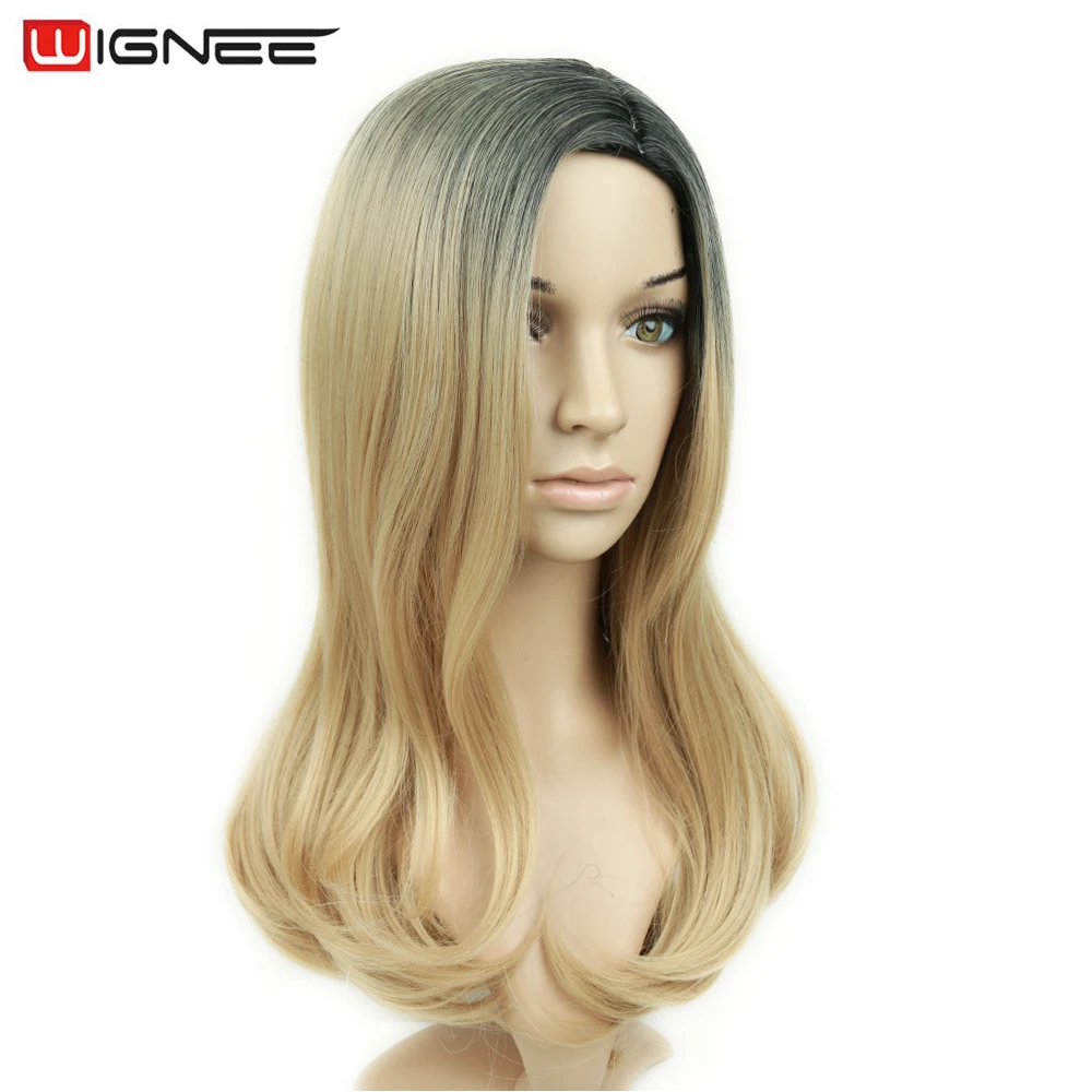 Sintéticas para as Mulheres Perucas de Cabelo Wignee Longo Ondulado Ombre Marrom Cinza Perucas Parte Média Natural Cosplay Festa Lolita Peruca Máquina Cheia 9 Apliques e perucas