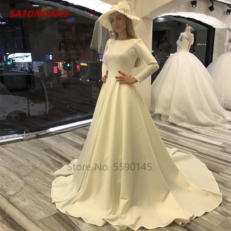 Simple Vintage Wedding Dress With Long Sleeves White Ivory Satin Bridal Gown A-Line Chapel Train Vestido De Novia Robe Mariage | Свадьбы и
