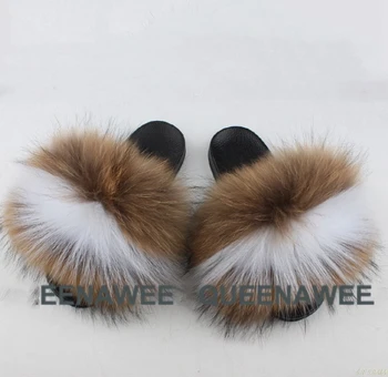 

Children Real Fox Fur Slippers Girls Furry Sandals Boys Fur Slides Child Fluffy Home Slippers Girls House Floor Flip Flops 26-35