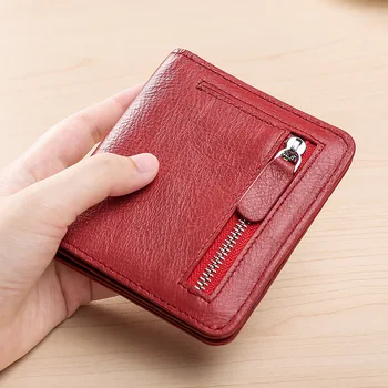 

2020 New Style Short Women's Wallet Genuine Leather Card Bag Thin Zipper Mini Purse Men Solid Color Wallet