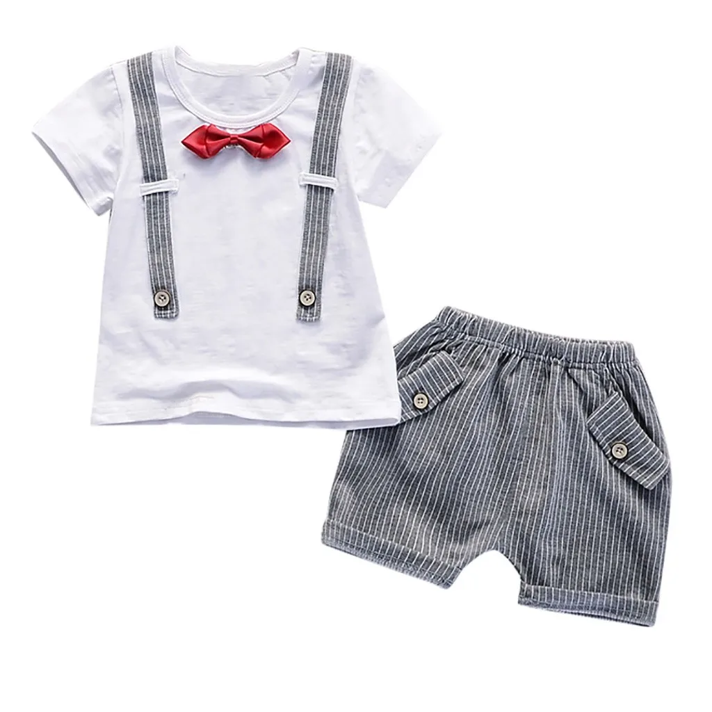 Модный комплект одежды для маленьких мальчиков, футболка с бабочкой для маленьких джентльменов, топы, шорты штаны Одежда, комплект одежды - Цвет: Серый
