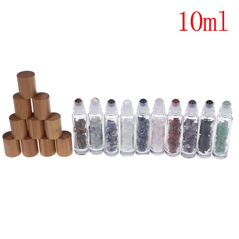 

1pcs Natural Gemstones Essential Oil Roller Ball Bottles Transparent Glass With Bamboo Lid Caps 10ml