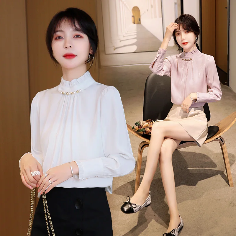 New Autumn Women Shirts Full Sleeve Slim Chiffon Copper Ammonia Silk Sets Coverlly Blouse Shirt White Pink 1320