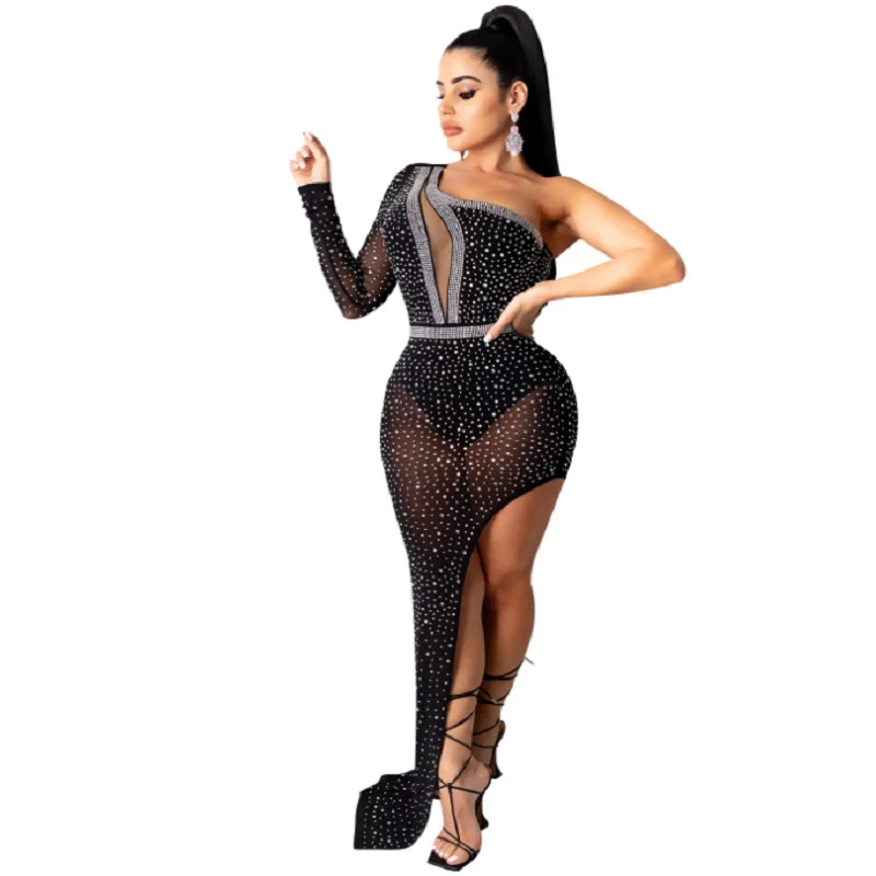 

Fashion Single Sleeve Sexy Solid Color Hot Diamonds Irregular Clubbing Dresses Lady Bodycon Evening Party Vestido Nighclub