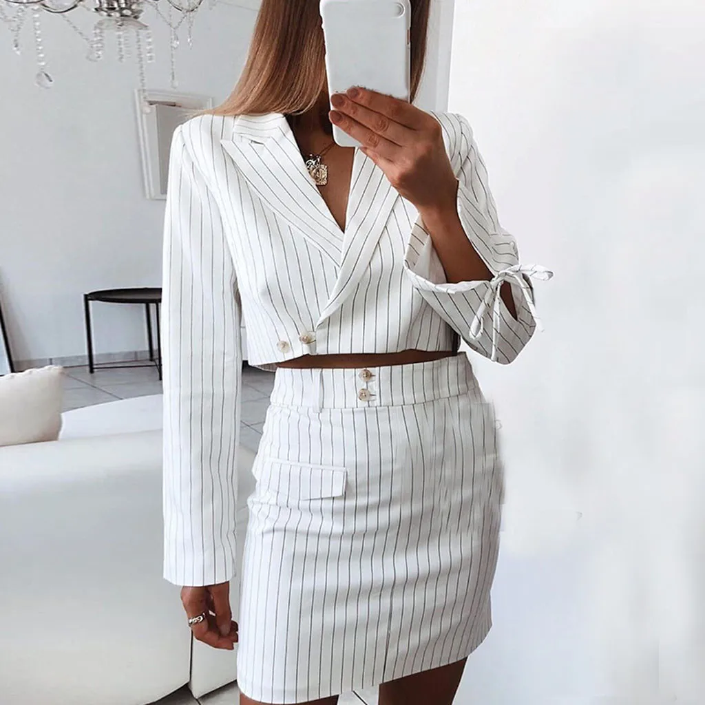 

Women's Fashion Long Sleeve Vertical Stripe Mini Suit Skirt Set conjunto femenino 2 Piece Set Women Suit Set conjuntos de mujer