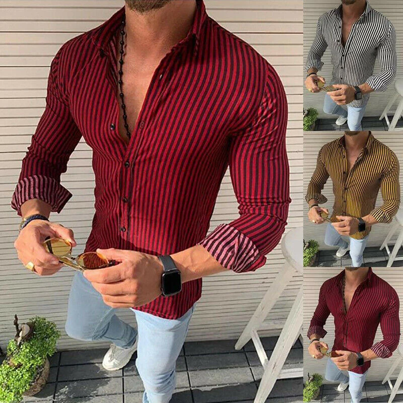 

2019 New Men Sexy Slim Fitness Striped Shirts Autumn Long Sleeve Muscle Shirts Blouse Men Homme Casual Tops Shirt Clothes M-XXL