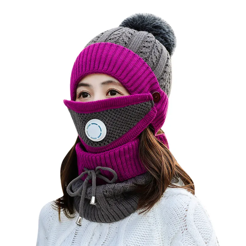 Winter Knit Set Women Girls Patchwork Ball Hat Skullies Beanies Lace-up Scarf O Ring Face Mask Woman Ski Cap 9108 - Цвет: Hot Pink