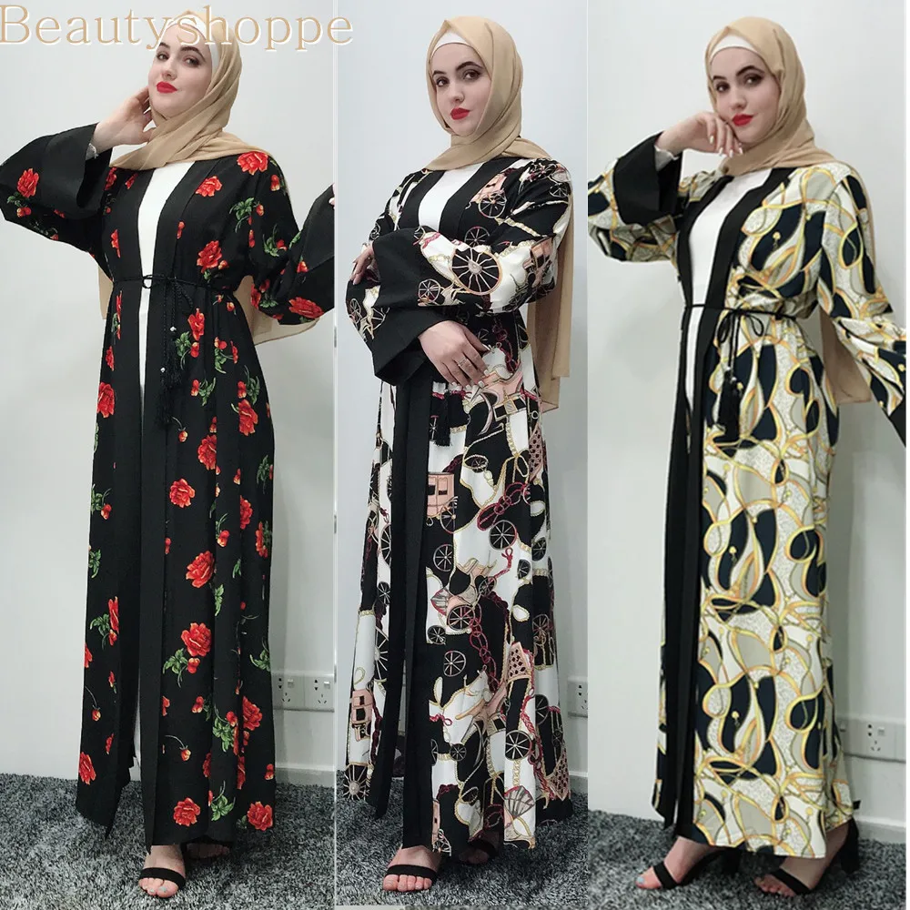 Длинный открытый кардиган Abaya женское мусульманское платье с цветочной вышивкой