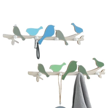 

Wooden Bird Hook, 4 Clothes-Hook for Home Hallway, Pastorale Wall Hanger for Coat, Keys, Hats, Bags, Towel, Blue, Green