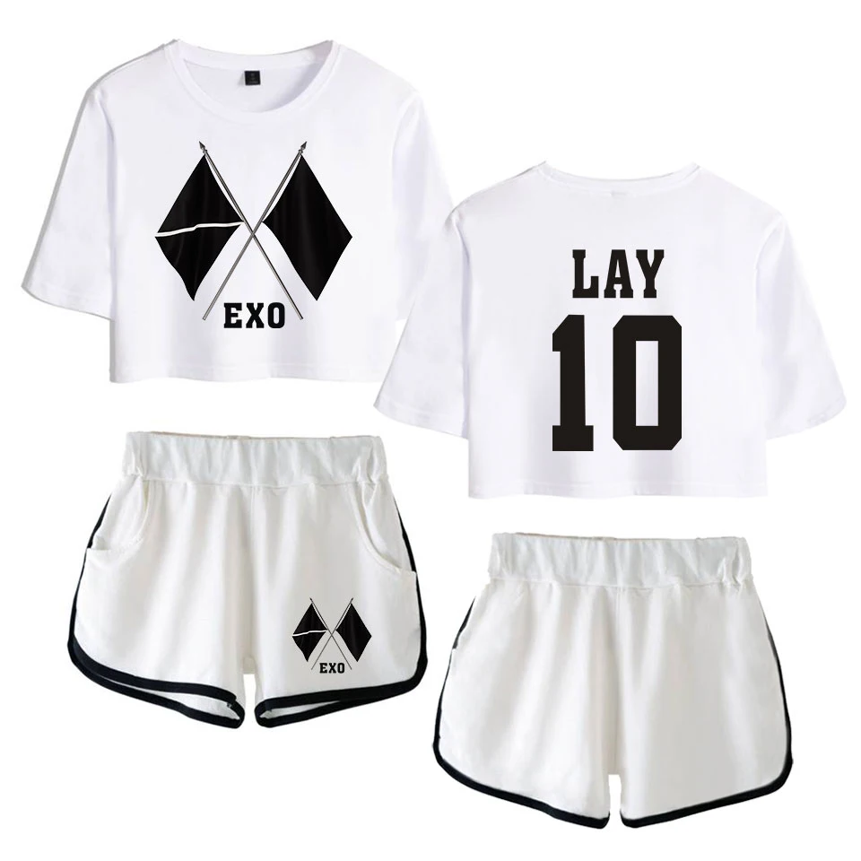 KPOP EXO, альбом, шестый альбом OBSESSION WE ARE ONE EXO, Женский комплект из двух предметов с принтом, шорты+ Милая футболка, горячая Распродажа одежды
