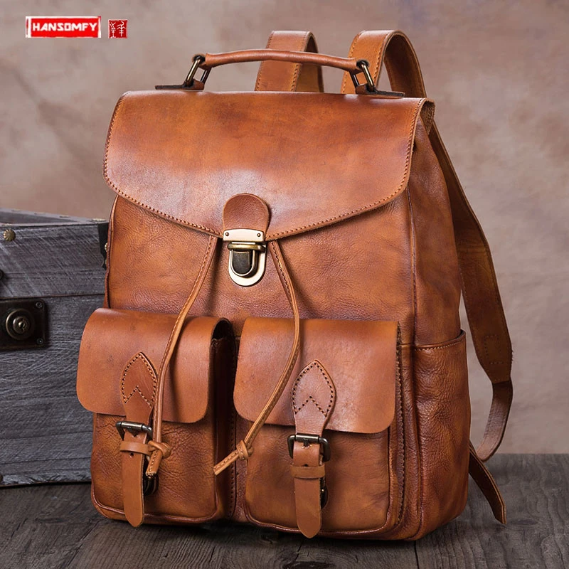 Mochila De Cuero hecho mano para bolso escolar de viaje, de piel de vaca de primera capa, Retro, de capacidad, para ocio|Mochilas| - AliExpress
