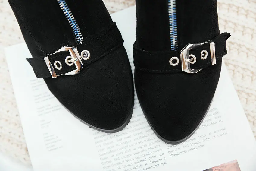 QUTAA/ г.; женская обувь из флока на квадратном каблуке с теплым мехом; модная зимняя обувь с круглым носком; Ботильоны на молнии с пряжкой спереди; размеры 34-43