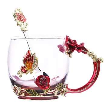 

Tea Cup Glass Coffee Mugs Enamel Rose Flower Butterfly Drinking Cups with Spoon Set Unique Gifts for Birthday Wedding Christmas