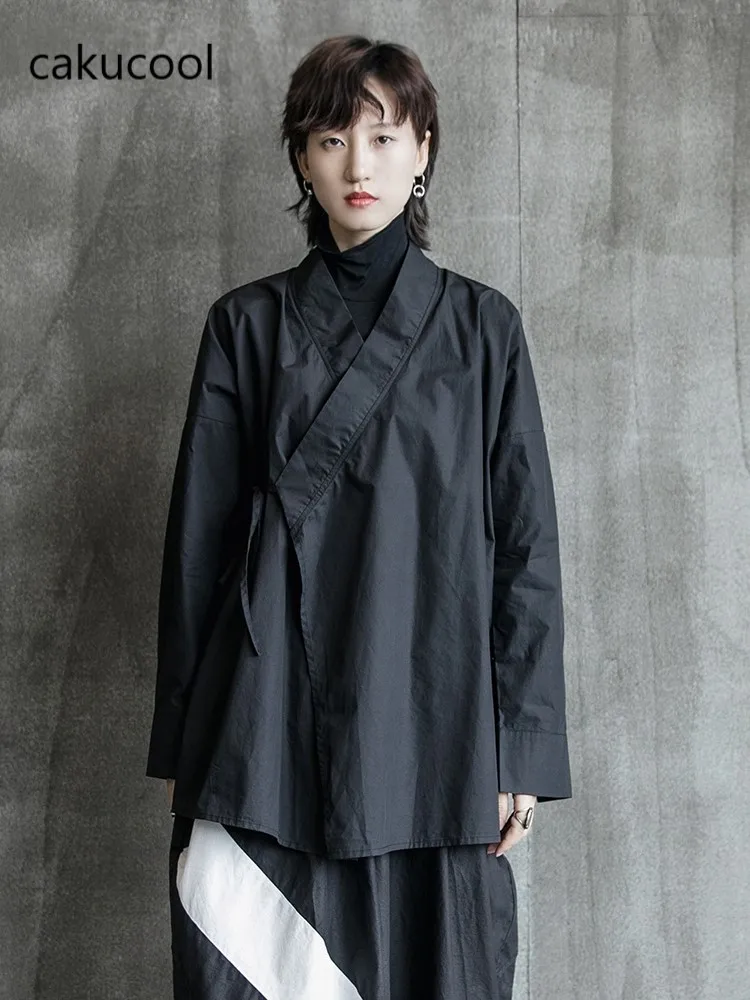

Cakucool 2019 autumn new retro loose neutral straps dark comfortable long-sleeved shirt women