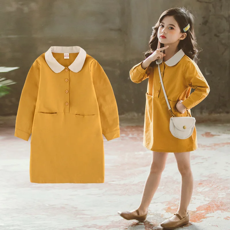 

2020 Spring New Turn Down Collar Girls Dress Fashion Kids Spring Dress for Girls Personality Patchwork Baby Girls Dress, #8306
