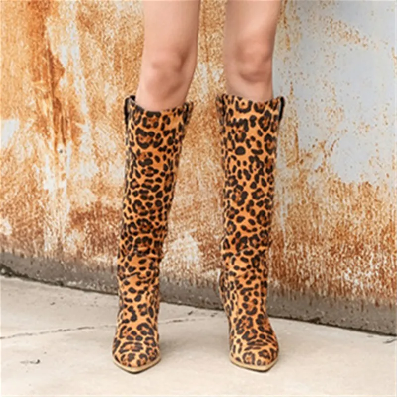 leopard print 9 черные, желтые, белые сапоги до колена ковбойские сапоги Вестерн для женщин длинные зимние сапоги женская обувь женские ковбойские ботинки с острым носком - Цвет: leopard print