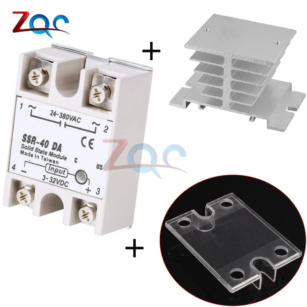 Твердотельные реле SSR-10DA SSR-25DA SSR-40DA 10A 25A 40A на самом деле 3-32 В постоянного тока в переменный 24-380V AC SSR 10DA 25DA 40DA с корпус теплоотвода