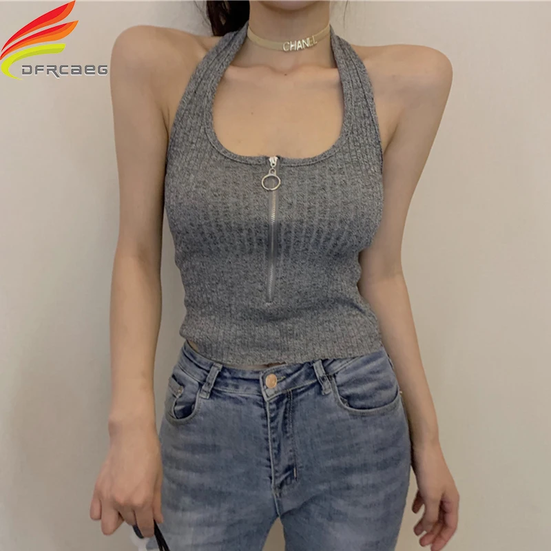 

Spring Summer 2020 New Arrivals Women Tank Tops Gray Black White Backless Sexy Lady Knitting Halter Vest Tops