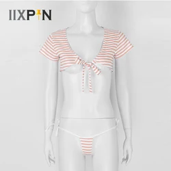 2 Piece Set Clothes Women Japanese Style Cute Stripe Lingerie Set Sexy Short Sleeves Crop Top With G-string Thongs Underwear Set