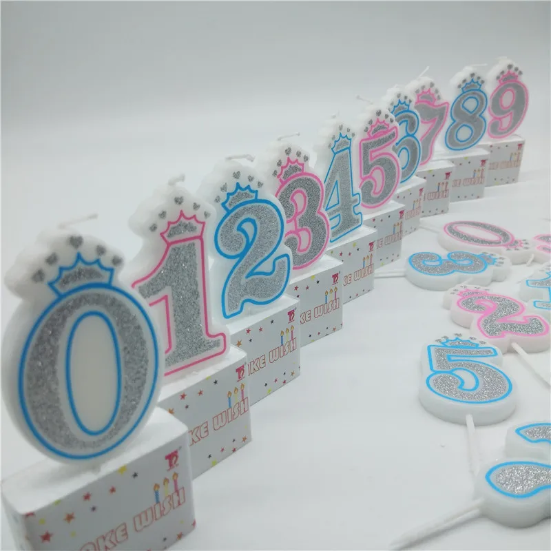 Номер 0-9 свечи сверкающие Серебристые розовые синие короны свечи для торта украшения для кексов для детей девочек день рожденья для мальчиков