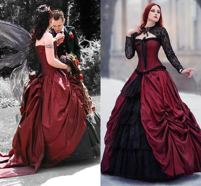 Red and Black Gothic Wedding Dresses with Long Sleeve Jacket 2020 Vintage  Lace-up Corset Top Medieval Vampire Bride Dress robe - AliExpress