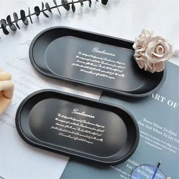 

Black Oval Display Plate Nordic Metal Storage Tray for Fruit Dessert Cake Snack Scandinavia Letter Print Jewelry Organizer Tray
