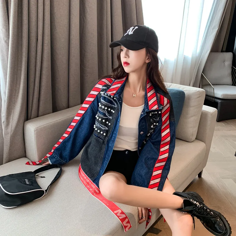 

New Denim Jacket Fashion Embroidered Ribbon Ropa De Mujer Jeans Jacket Women Chaqueta Vaquera Mujer Clothes Pearl Vetement Femme