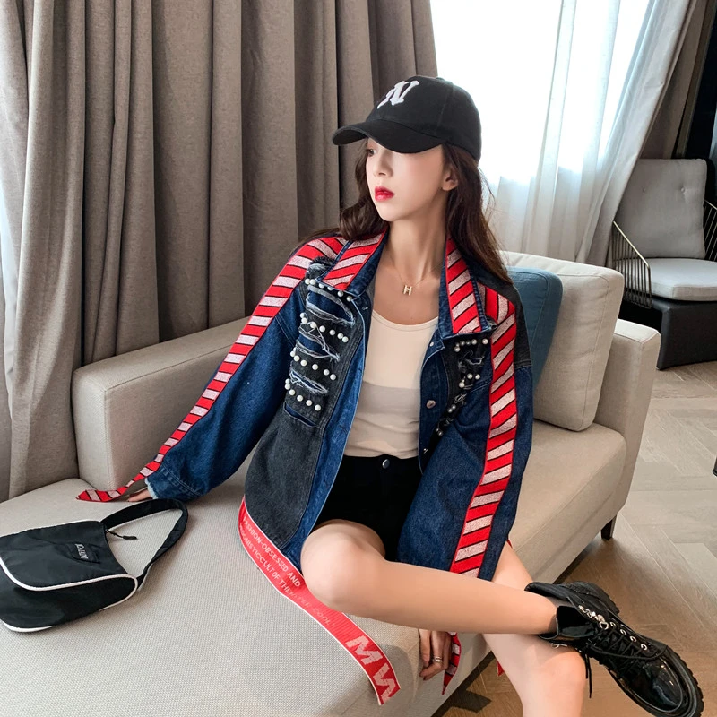 New Denim Jacket Fashion Embroidered Ribbon Ropa De Mujer Jeans Jacket  Women Chaqueta Vaquera Mujer Clothes Pearl Vetement Femme - Jackets -  AliExpress