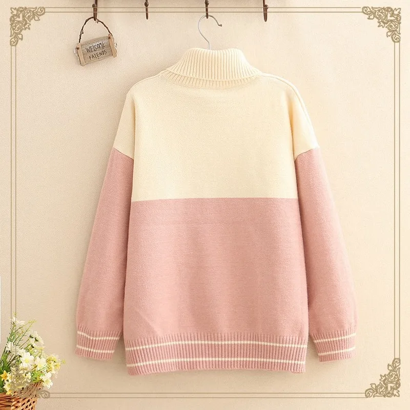 Японский Kawaii Водолазка для женщин вязаный свитер Зима Mori Girl Банни Pull Femme милый кролик джемпер Винтаж Свободный пуловер