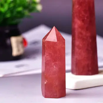 

1PC Natural strawberry quartz hexagonal column Crystal Point Mineral Ornament Healing obelisk Wand Home Decoration DIY Gift