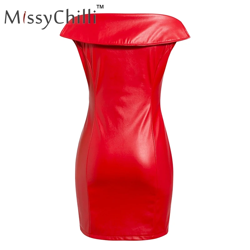 MissyChilli платье из искусственной кожи с открытыми плечами женское облегающее сексуальное платье с пряжкой и поясом элегантное вечернее платье осень молния Клубное красное платье