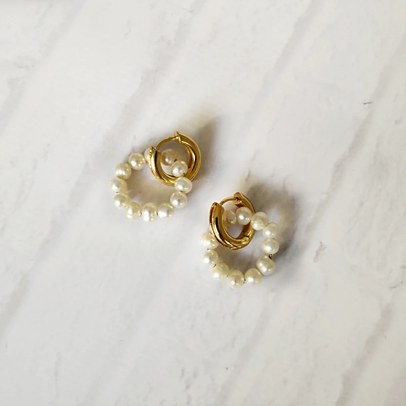 GHIDBK Baroque Freshwater Pearls Circle Hoop Earrings Handmade Gold Dainty Double Rings Earring Minimalist Natural Pearl Hoops