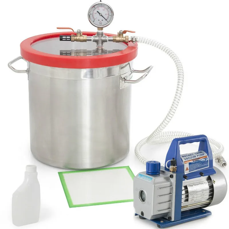 220V RS-1 Rotary Vane Vacuum Pump 2 Gallon(6L) Stainless Steel Vacuum Degassing Chamber Defoaming Barrel for Epoxy Resin AB Glue